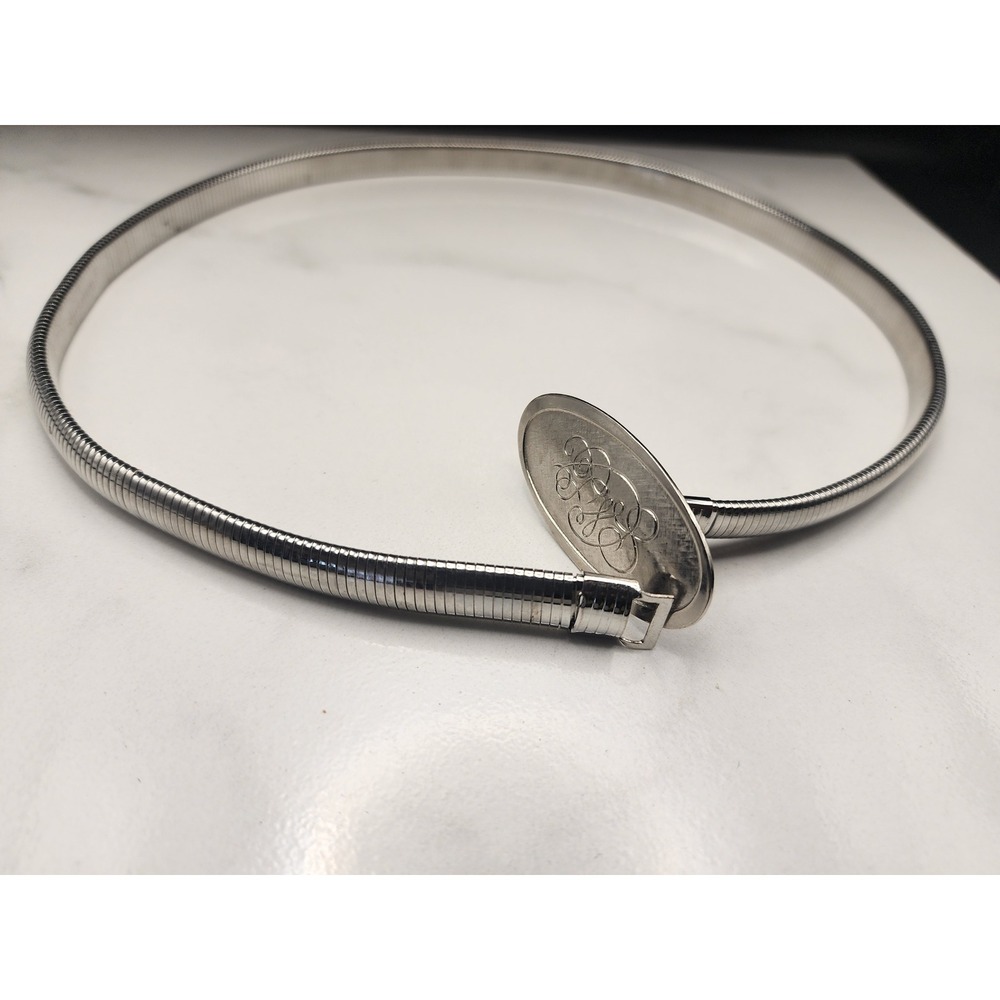 Vintage Silver Tone Stretch Snake Chain Belt Engraved Monogram Oval Size S
